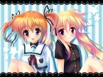  blonde_hair blush bow brown_hair fate_testarossa gradient_hair hair_bow hair_ribbon long_hair lyrical_nanoha mahou_shoujo_lyrical_nanoha multicolored_hair multiple_girls open_mouth pink_eyes purple_eyes ribbon sitting smile suzuta_yume takamachi_nanoha twintails violet_eyes 