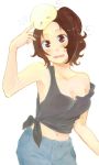  ahoge anno_mana armpits arms_up axis_powers_hetalia blush breasts brown_eyes brown_hair cleavage closed_eyes colored_pencil_(medium) dual_persona eyes_closed food genderswap girl jeans long_hair loose_shirt midriff mochi navel no_bra northern_italy_(hetalia) off_shoulder open_mouth pants poke poking ponytail simple_background strap_slip surprise surprised sweat tank_top tied_shirt traditional_media wavy_hair white_background 