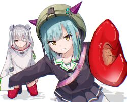  2girls black_necktie black_shirt black_skirt blue_hair blunt_bangs bungo_yayoi clenched_teeth commentary_request cowboy_shot crab_claw double_bun eyepatch fake_horns fake_pincers fighting_stance film_grain full_body hair_bun heaven_burns_red helmet highres horned_helmet horns kneeling looking_at_viewer medium_hair miniskirt multiple_girls necktie one_eye_covered pleated_skirt red_eyes red_thighhighs rrtp shirt short_necktie simple_background sketch skirt teeth thick_eyebrows thigh-highs twintails v-shaped_eyebrows white_background white_hair white_shirt yamawaki_bon_ivar yellow_eyes zettai_ryouiki 