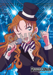  1girl ;d black_hat black_jacket blue_background blue_eyes bow bowtie brown_hair concert copyright_logo copyright_notice cowboy_shot diagonal-striped_bow diagonal-striped_bowtie diagonal-striped_clothes hat highres holding holding_microphone idol index_finger_raised jacket logo long_hair long_sleeves meitantei_conan microphone music official_art okino_youko one_eye_closed open_mouth sample_watermark shirt singing smile solo stage_lights star_(symbol) straight-on striped_bow striped_bowtie striped_clothes watermark white_shirt 