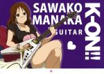  breasts casual character_name cleavage coin crossed_legs feathers flying_v gibson glasses guitar highres instrument k-on! large_breasts legs legs_crossed sitting smile thighs title_drop yamanaka_sawako 