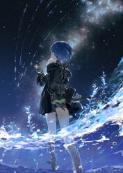  1girl aurora black_bow black_dress black_gloves blue_hair bow commentary_request detached_sleeves dress from_below gloves highres kiritani_haruka kono_monogatari_wa_kibou_wo_nosete_(project_sekai) koppan night official_alternate_costume partially_underwater_shot plant project_sekai shooting_star short_hair sky sleeves_past_wrists solo sparkle star_(sky) starry_sky strapless strapless_dress wading water 