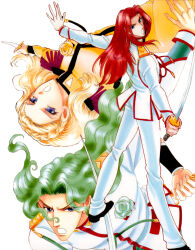  1girl 2boys absurdres arm_up arms_up back black_shoes blonde_hair blue_eyes flower green_flower green_hair green_rose highres holding holding_sword holding_weapon jacket kiryuu_nanami kiryuu_touga looking_at_viewer multiple_boys multiple_weapons official_art open_mouth pants red_hair rose saionji_kyouichi saitou_chiho shoes shoujo_kakumei_utena straight_hair sword violet_eyes wavy_hair weapon white_background white_jacket white_pants yellow_flower yellow_jacket yellow_pants yellow_rose 