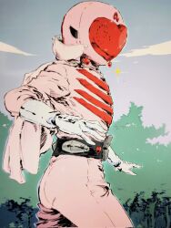  1girl belt black_belt blue_sky bodysuit cape clouds commentary_request cowboy_shot from_side gloves heart helmet highres himitsu_sentai_gorenger momo_ranger outdoors pink_bodysuit pink_cape pink_helmet sky smash_k-tarou solo sparkle standing super_sentai tokusatsu tree white_gloves 