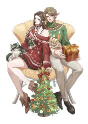  1boy 1girl black_choker black_shoes blonde_hair blue_eyes boots box brown_boots brown_hair brown_skirt chair choker christmas christmas_present christmas_sweater christmas_tree earrings full_body gift gift_box green_sweater grey_pants highres holding holding_box holding_gift jewelry kurokawa_karasu link long_hair off-shoulder_sweater off_shoulder pants parted_bangs pleated_skirt poi princess_zelda red_sweater ribbed_socks shoes short_hair sidelocks single_bare_shoulder skirt socks sweater the_legend_of_zelda the_legend_of_zelda:_twilight_princess white_background white_socks wolf_link 