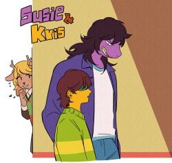  1other 2018 2d 2girls ambiguous_gender animal_ears anthro antlers blonde_hair blue_pants blue_shirt body_fur brown_fur brown_hair brown_pants character_name colored_sclera colored_skin colored_teeth deer deer_ears deer_girl deltarune digital_media female green_shirt hair_over_eyes highres horizontal-striped_clothes human jacket kris_(deltarune) lizard lizard_girl lizard_tail long_hair mammal monster monster_girl multiple_girls noelle_holiday pants peeking purple_hair purple_jacket purple_skin reindeer reindeer_girl reptile reptile_girl scalie sharp_teeth shirt short_hair simple_background skirt slit_pupils striped_clothes striped_shirt susie_(deltarune) teeth text tinnim2 trio two-tone_shirt utdr_(toby_fox) white_background white_shirt white_stripes yellow_sclera yellow_stripes yellow_teeth 