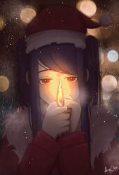  1girl absurdres coat english_commentary fire fur_trim hat highres itsrainycameron jill_stingray long_hair looking_at_viewer purple_hair red_coat red_eyes santa_hat sidelocks snowing solo twintails upper_body va-11_hall-a 