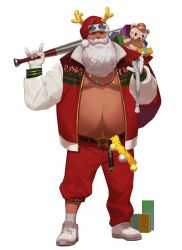  1boy absurdres artist_request baseball_bat black_survival box christmas_lights commentary english_commentary eyewear_on_headwear fake_antlers fake_beard fake_facial_hair fake_mustache fat fat_man gift gift_box gloves hat highres holding holding_baseball_bat holding_sack jacket navel navel_hair official_art open_clothes open_jacket pants red_pants rosalio_benson sack santa_costume santa_hat shoes socks solo standing star_(symbol) stuffed_animal stuffed_toy sunglasses teddy_bear third-party_source tinsel transparent_background white_gloves white_shoes white_socks 