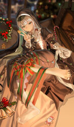  1girl absurdres asymmetrical_clothes barefoot black_dress breasts christmas dress gift_wrapping green_eyes highres indie_virtual_youtuber large_breasts long_dress long_hair looking_at_viewer lying no_shoes nun on_side pantyhose parasister_(vtuber) single_pantsleg solo toes v virtual_youtuber white_hair white_pantyhose xo_(xo17800108) 