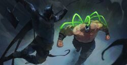  2boys absolute_batman absolute_dc axe back_spikes bane bat_mask batman batman_symbol battle battle_axe belt bodysuit cowl dc_comics fighting_stance goddamnmushroom grey_bodysuit highres holding holding_axe male_focus multiple_boys muscular muscular_male superhero_costume utility_belt weapon 