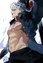  1boy abs arm_up black_pants blue_coat blue_eyes clenched_teeth coat demon devil_may_cry_(series) enopth1102 hashtag-only_commentary highres looking_ahead male_focus nero_(devil_may_cry) open_clothes open_coat pants pectorals short_hair simple_background solo teeth topless_male white_hair 