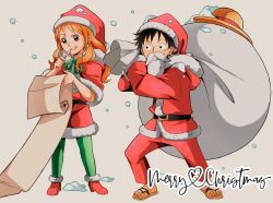  1boy 1girl :q absurdres belt belt_buckle black_hair buckle capelet chandllucky christmas closed_mouth commentary dress earrings fake_beard fake_facial_hair fake_mustache full_body fur-trimmed_capelet fur-trimmed_dress fur-trimmed_headwear fur-trimmed_jacket fur-trimmed_shoes fur_trim green_pantyhose green_ribbon hat heart highres holding holding_paper holding_pencil holding_sack jacket jewelry long_hair looking_at_another merry_christmas monkey_d._luffy nami_(one_piece) neck_ribbon one_piece orange_hair over_shoulder pants pantyhose paper pearl_earrings pencil pom_pom_(clothes) red_capelet red_dress red_jacket red_pants red_shoes ribbon sack sandals santa_costume santa_hat scar scar_on_cheek scar_on_face shoes simple_background snow snowing standing straw_hat tongue tongue_out unworn_hat unworn_headwear wavy_hair 