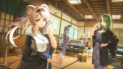  4girls animal_ears arknights artist_name bath_yukata black_hairband blonde_hair blue_hair bottle breasts cat ch'en_(arknights) commentary dragon_girl dragon_horns dragon_tail drill_hair drill_sidelocks electric_fan green_hair gy1966 hairband holding holding_bottle horns hoshiguma_(arknights) japanese_clothes kimono lin_(arknights) long_hair looking_at_viewer mouse_ears mouse_girl mouse_tail multiple_girls oni paddle pink_hair ryokan sidelocks single_horn skin-covered_horns swire_(arknights) table_tennis table_tennis_paddle tail tiger_ears tiger_girl tiger_tail towel towel_around_neck vending_machine violet_eyes yellow_eyes yukata 