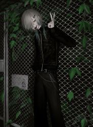  1boy arm_up belt black_belt black_jacket black_pants chain-link_fence fence hair_between_eyes hair_ornament hairclip head_tilt high_collar highres jacket jewelry leaf long_hair looking_at_viewer mole mole_under_eye multiple_rings original outdoors pants parallel_hairclips piercing plant punk ring sharp_teeth solo standing teeth tongue tongue_out tongue_piercing tuba_io v white_hair yellow_eyes 
