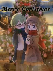  1boy 1girl beret black_pantyhose blue_eyes blurry blush bokeh brown_hair christmas christmas_lights christmas_tree city_lights coat commentary cup depth_of_field drew_(pokemon) glasses green_eyes green_hair hat highres holding holding_cup long_coat may_(pokemon) merry_christmas night pantyhose pokemon pokemon_(anime) pokemon_rse_(anime) red_scarf scarf surprised winter winter_clothes xrqu2xk8qb47501 