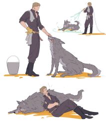  animalization bath beard_stubble black_boots boots brown_hair bucket cidolfus_telamon clive_rosfield closed_eyes commentary crossed_arms english_commentary facial_hair final_fantasy final_fantasy_xvi full_body gloves grey_pants grey_shirt highres holding holding_hose hose male_focus multiple_views pants petting reclining scar scar_on_cheek scar_on_face shirt short_hair sleeping sleeves_rolled_up smoke smoking spraying stubble tongue tongue_out white_background wibble_w wolf yellow_gloves 