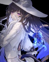  1girl back_cutout black_flower black_hair black_horns blue_hair clothing_cutout demon_girl demon_tail dress flower frilled_sleeves frills gloves hand_on_own_cheek hand_on_own_face hat highres honkai:_star_rail honkai_(series) horns long_sleeves mole mole_under_eye multicolored_hair puffy_long_sleeves puffy_sleeves suwa_(swk_kkk) tail the_dahlia_(honkai:_star_rail) two-tone_hair violet_eyes white_dress white_gloves white_hat 