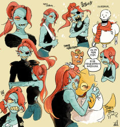  1other 2016 2boys 2d 2girls alphys ambiguous_gender animal_ears ankle_boots anthro armor black_eyepatch blue_shirt blue_shorts blue_skin body_fur boots brown_boots brown_fur brown_hair buck_teeth burgerpants cape cat cat_boy cat_ears cat_tail child colored_sclera colored_skin colored_teeth digital_media double_horizontal_stripe ear_fins eyepatch female fins fish fish_girl frisk_(undertale) furry furry_male gloves hat head_fins high_ponytail horizontal-striped_clothes human humanoid lizard lizard_girl long_hair male mammal mini_hat monster monster_boy monster_girl multiple_boys multiple_girls papyrus_(undertale) pink_stripes ponytail red_boots red_cape red_gloves red_hair red_shirt reptile reptile_girl scalie sharp_teeth shirt short_hair shorts signature simple_background skeleton slit_pupils striped_clothes striped_shirt tail teeth tinnim2 two-tone_shirt undead undertale undyne utdr_(toby_fox) white_armor white_background yellow_sclera yellow_skin yellow_teeth 