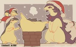  animal_hands artist_name bag brick chimney christmas cyndaquil hat highres hisuian_typhlosion huffing looking_at_another looking_down mamebato no_humans pokemon pokemon_(creature) quilava rooftop santa_hat snow snowing stuck swea sweatdrop typhlosion 