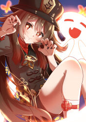  1girl 1other absurdres black_hat black_nails black_shirt boo_tao_(genshin_impact) brown_hair bug butterfly claw_pose commentary_request feet_out_of_frame fingernails flower-shaped_pupils genshin_impact ghost hair_between_eyes haru_same_(naraken_sika3939) hat highres hu_tao_(genshin_impact) jewelry light_blush long_hair long_sleeves looking_at_viewer nail_polish parted_lips ring shirt smile socks symbol-shaped_pupils teeth thick_thighs thighs very_long_hair watermark white_socks 