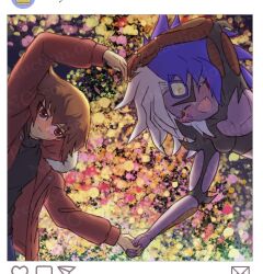  1boy 1girl black_shirt blue_hair blue_lips blush breasts brown_eyes brown_hair closed_eyes collared_shirt commentary_request demon_girl duel_monster facial_mark fur_trim happy holding_hands jacket open_mouth red_jacket shirt small_breasts spikes spiky_hair third_eye tk_kjk_kndr watermark white_hair yu-gi-oh! yu-gi-oh!_gx yubel yuki_judai 