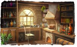  bookshelf bottle chair commentary_request cooking_pot day desk drawer fireplace glass_bottle herb_bundle highres indoors koyama_satsuki mortar_(bowl) no_humans original pestle plant protected_link scenery treasure_chest weighing_scale window wooden_floor 