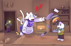  ! !! 1boy 1girl 1other 2022 3d accident ambiguous_gender androgynous animal_ears ankle_shoes anthro apron asriel_dreemurr beard black_pants blender_(medium) blonde_hair body_fur bookshelf brown_hair brown_pants camera carpet chara_(undertale) child commentary delta_rune_(symbol) delta_rune_print digital_media doorway droopy_ears english_commentary facial_hair family fangs female fireplace floor floppy_ears flying_sweatdrops food full_body furry furry_female furry_male goat goat_boy goat_ears goat_girl goat_horns green_sweater highres holding holding_camera holding_plate horizontal-striped_clothes horns human indoors living_room long_sleeves male mammal monster monster_boy monster_girl mother_and_son multiple_boys open_mouth pants pastry pie plate pomelochewy purple_robe robe shoes short_hair standing striped_clothes striped_shirt sweater taking_picture toriel tray tripping two-tone_sweater undertale utdr_(toby_fox) white_apron white_fur white_horns wooden_floor yellow_stripes 