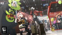  1boy 2girls amillion_(zenless_zone_zero) anby_demara billy_kid black_ribbon chain chinese_commentary closed_eyes commentary_request copyright_logo copyright_name earrings hair_ornament hairclip handheld_electric_fan highres humanoid_robot jacket jewelry logo long_hair multiple_girls nicole_demara official_art open_clothes open_jacket open_mouth pink_hair red_jacket ribbon robot robot_boy sparkle spiky_hair squatting sweatdrop white_hair zenless_zone_zero 