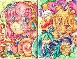  1boy 4girls akita_neru blueberry blush border chibi chiikawa chiikawa_(character) eating fish food fruit glasses green_background hamster hamtaro hamtaro_(series) hatsune_miku holding holding_food holding_sandwich horse kageyama_shigeo lennardo_(grim_the_end) megurine_luka mob_psycho_100 multiple_girls my_little_pony my_little_pony:_friendship_is_magic non-web_source number_hair_ornament princess_cadance raspberry sandwich strawberry tongue tongue_out traditional_media tuna vocaloid 