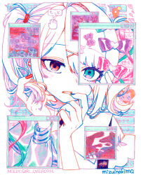  1girl absurdres ame-chan_(needy_girl_overdose) artist_name bear_hair_ornament biting bow chouzetsusaikawa_tenshi-chan commentary copyright_name cursor dual_persona english_commentary green_eyes hair_bow hair_ornament highres holding holding_own_hair joint_(drug) limited_palette long_hair long_sleeves looking_at_viewer marker_(medium) medium_hair mizuinokima nail_biting needy_girl_overdose parted_lips pill red_eyes shirt smoke text_messaging traditional_media twintails upper_body window_(computing) x_hair_ornament 