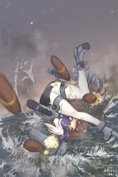  1girl absurdres adapted_turret artillery artist_name ashigara_(kancolle) ashigara_kai_ni_(kancolle) battle breasts brown_eyes brown_hair cannon gloves hair_between_eyes hairband highres jacket kantai_collection long_hair long_sleeves looking_at_viewer machinery mizunototori ocean pantyhose pencil_skirt purple_jacket rigging rudder_footwear ship_turret skirt smokestack solo torn_clothes torn_pantyhose torpedo_launcher torpedo_tubes water wavy_hair white_gloves white_pantyhose 