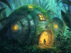  1other bush commentary doorway english_commentary fetal_position grass green_theme jjcanvas jungle lantern leaf moss nature original signature sitting snail_shell star_(symbol) web_address window 