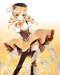  blonde_hair drill_hair gloves hat mahou_shoujo_madoka_magica ni_(2shi) short_hair simple_background skirt smile solo thigh-highs thighhighs tomoe_mami twintails yellow_eyes 