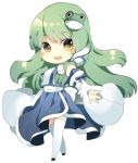  blush_stickers chibi frog green_hair hair_ornament jeminl kochiya_sanae long_hair lowres outstretched_hand roh_nam_kyung simple_background snake solo thigh-highs thighhighs touhou white_legwear white_thighhighs yellow_eyes 