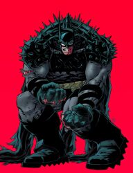  1boy absolute_batman absolute_dc back_spikes bat_mask batman batman_symbol belt blood bodysuit cowl dc_comics grey_bodysuit highres male_focus matiasdibujos muscular muscular_male solo superhero_costume utility_belt 