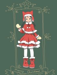  1girl black_hair blurry boots christmas commentary_request dress francesca_lucchini full_body gloves green_eyes hat highres kemomimisuki long_hair looking_at_viewer merry_christmas red_boots santa_costume santa_dress santa_hat solo standing strike_witches thigh-highs twintails white_boots white_thighhighs world_witches_series 