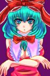  adapted_costume aqua_eyes aqua_hair bare_shoulders bow breasts bust cleavage crossed_arms frills front_ponytail hair_bow highres kagiyama_hina large_breasts long_hair multicolored_eyes multicolored_hair no_bra shisei_(kyuushoku_banchou) solo touhou 