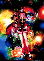  3girls 4boys absurdres animal_ears antennae arisugawa_juri bindi black_gloves black_hair blue_eyes cat_ears cat_tail chibi chu_chu_(shoujo_kakumei_utena) cosplay crown curly_hair dark-skinned_female dark_skin earrings fairy fairy_wings fake_animal_ears fake_antennae fake_tail fangs fur_collar glasses gloves green_eyes green_hair halloween halloween_bucket halloween_costume hat highres himemiya_anthy holding holding_sword holding_weapon jack-o'-lantern jewelry kaoru_miki kiryuu_touga mask mask_on_head monkey monkey_ears multiple_boys multiple_girls official_alternate_costume official_art orange_hair pink_hair pirate_costume pirate_hat purple_fur red_hair saionji_kyouichi saitou_chiho shoujo_kakumei_utena skeleton_costume skeleton_print star_(symbol) striped_clothes sword tail tenjou_utena tongue tongue_out vampire_costume violet_eyes wavy_hair weapon wings witch witch_hat 