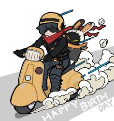  1boy absurdres bandana bangboo_(zenless_zone_zero) black_hair black_jacket cigarette closed_mouth english_text eous_(zenless_zone_zero) frown grey_pants happy_birthday helmet highres jacket kumao_max lapels lighter_(zenless_zone_zero) male_focus motor_vehicle notched_lapels orange_bandana pants red_scarf scarf scooter short_hair sitting sunglasses vespa yellow_helmet zenless_zone_zero 