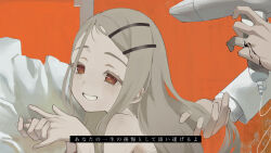  1boy 1other absurdres bleeding blood brown_eyes colored_eyelashes commentary_request drying drying_another's_hair drying_hair from_side gakuen_idolmaster grey_hair hair_dryer hair_ornament hairclip hand_in_another's_hair hands_up highres holding holding_another's_hair holding_hair_dryer idolmaster jewelry long_hair looking_at_viewer lyrics oonouni open_mouth orange_background out_of_frame own_hands_together parallel_hairclips ring shinosawa_hiro sleeveless smile solo_focus upper_body zuutto_issho_(kitani_tatsuya) 