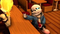  2017 2boys 3d aqua_eyes bar_(place) bartender black_pants black_shorts black_vest blue_jacket bottle comic commentary counter digital_media drunk duo elemental_(creature) english_commentary fire_elemental flaming_head floor glasses grey_hood grillby half-closed_eye holding holding_bottle hollow_eyes hood hood_down hooded_jacket humanoid in-universe_location indoors jacket ketchup_bottle lotus-sfm male male_focus male_only monster monster_boy multiple_boys no_mouth one_eye_closed open_clothes open_jacket orange_skin pants pink_slippers restaurant sans_(undertale) segmented_comic shirt shorts silent_comic skeleton slippers socks source_filmmaker_(medium) stool teeth undead undertale uniform utdr_(toby_fox) vest white_shirt white_socks wooden_floor 