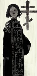  1other absurdres arecibo_message black_robe crazy_eyes embroidery grin highres jokioro monk original robe smile solo space_station 