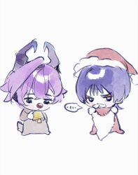  ... 2boys bell belt black_eyes black_horns blunt_ends blush_stickers bright_pupils brown_sleeves chibi circle_hands closed_mouth cnorkie cosplay crossed_bangs deer_tail dragon_boy dragon_horns durin_(genshin_impact) eyeliner eyeshadow fake_beard fake_facial_hair fake_mustache fake_tail full_body fur-trimmed_headwear fur_trim genshin_impact gold_belt hair_between_eyes hat highres horns long_sleeves looking_down makeup multiple_boys neck_bell onesie pom_pom_(clothes) purple_hair red_eyeliner red_eyeshadow red_hat red_nose rudolph_the_red_nosed_reindeer rudolph_the_red_nosed_reindeer_(cosplay) santa_costume santa_hat scaramouche_(genshin_impact) spoken_ellipsis tail tsurime white_background white_pupils wispy_bangs 
