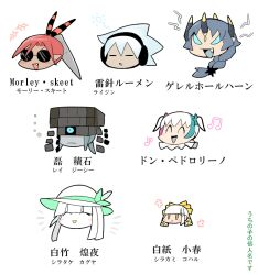  3boys 4girls alternate_color antenna_hair blacephalon blue_eyes blue_hair blunt_bangs braid buzzwole celesteela character_name commentary guzzlord hat head_only kartana kasugai_(de-tteiu) multiple_boys multiple_girls one-eyed personification pokemon red_hair shiny_pokemon short_twintails stakataka sun_hat sunglasses translated twintails white_hair xurkitree 