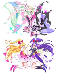  4girls artist_name asahina_mirai asymmetrical_legwear back_bow black_gloves black_socks black_thighhighs blonde_hair bow bracelet commentary cure_kiss cure_magical cure_miracle cure_zukyuun dress earrings eighth_note elbow_gloves full_body gloves gradient_hair green_bow green_hair green_shoes hair_bow hair_ornament hat heart heart_hands heart_hands_duo high_heels highres holding holding_microphone izayoi_liko jewelry kimi_to_idol_precure kneehighs long_hair looking_at_viewer looking_to_the_side magical_girl mahou_girls_precure! meroron_(precure) microphone mini_hat mini_witch_hat multicolored_hair multiple_girls musical_note musical_note_hair_ornament open_mouth palms_together parted_lips pink_dress pink_eyes pink_hair pink_shoes plaid_bow precure purirun_(precure) purple_bow purple_dress purple_hair purple_shoes red_bow shirako_love shoes simple_background smile socks sparkle star_(symbol) star_earrings symbol-only_commentary thigh-highs twitter_username very_long_hair violet_eyes white_background white_dress white_gloves white_socks white_thighhighs witch_hat 