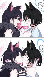  1boy 2girls anger_vein animal_ears arguing black_choker black_gloves black_hair blue_archive cat_ears choker colored_inner_animal_ears colored_inner_hair doodle_sensei_(blue_archive) extra_ears forced_kiss fur-trimmed_gloves fur_trim gloves halo highres holding_hands kazusa_(blue_archive) kazusa_(halloween)_(blue_archive) kiss multicolored_hair multiple_girls obesity8044 official_alternate_costume open_mouth pink_hair pink_halo red_eyes sensei_(blue_archive) short_hair simple_background surprised sweatdrop two-tone_hair werewolf_costume white_background yuri 