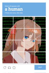  1girl ahoge blue_eyes brown_hair captcha collared_shirt english_text from_side hair_ribbon hashtag-only_commentary highres jacket long_hair neuro-sama portrait red_jacket red_ribbon ribbon selvha shirt solo two_side_up vedal_ai virtual_youtuber white_shirt 