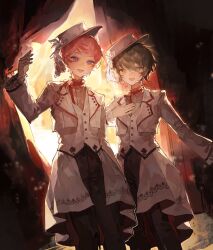  2boys black_pants blue_eyes buttons chinese_commentary coat collar commentary_request costume_request cowboy_shot cropped_jacket curtains earpiece ensemble_stars! fang fingernails flower frilled_collar frills hair_between_eyes hand_on_own_chest hand_up hat hat_flower highres itsuki_shu jacket kagehira_mika lace-trimmed_sleeves lace_trim lapels long_sleeves male_focus multiple_boys neck_ribbon official_alternate_costume open_mouth pants red_ribbon ribbon short_bangs short_hair shuijiao_ren tailcoat valkyrie_(ensemble_stars!) very_short_hair vest violet_eyes white_coat white_hat white_jacket white_vest yellow_eyes 