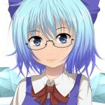  bespectacled blue_eyes blue_hair bow cirno glasses hair_bow highres kinakomoti short_hair smile solo touhou wings 