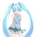  akama_zenta arms_behind_back blue_eyes blue_hair detached_sleeves hatsune_miku headset highres long_hair necktie simple_background skirt smile solo twintails very_long_hair vocaloid 